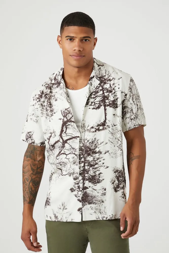 Men Twill Tree Print Shirt in Cream/Cocoa Medium