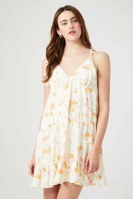 Women's Floral Print Tassel Mini Dress in Ivory Large