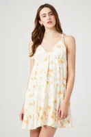 Women's Floral Print Tassel Mini Dress in Ivory, XL