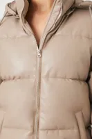 Women's Faux Leather Zip-Up Puffer Jacket in Taupe Small