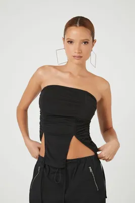 Women's Ruched Drawstring Tube Top in Black Large