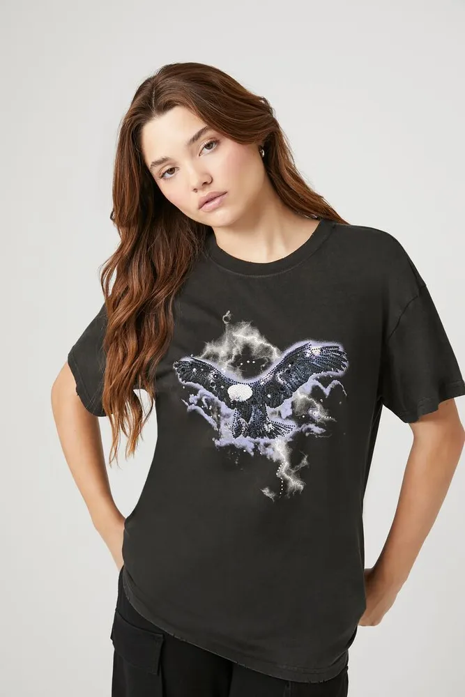 Women's Rhinestone Eagle Graphic T-Shirt in Charcoal, XS