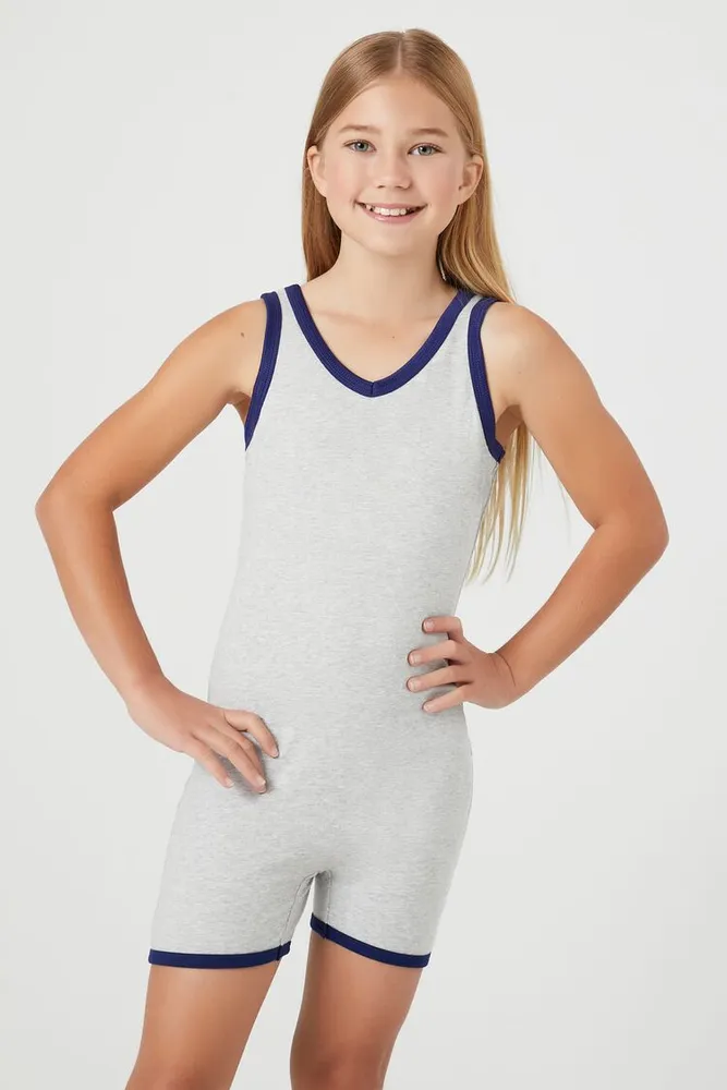 Girls V-Neck Tank Romper (Kids) in Heather Grey, 13/14