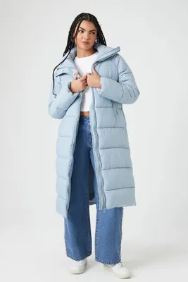 Women's Oversized Longline Puffer Jacket in Light Blue Large
