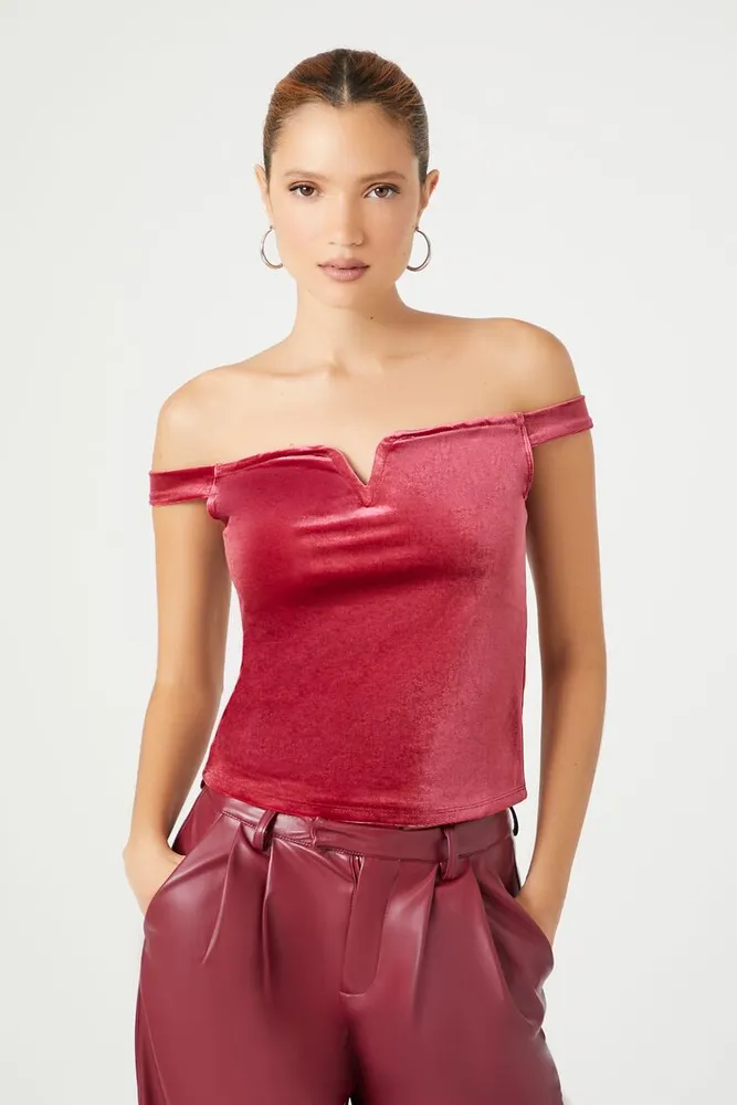 Women's Velvet Off-the-Shoulder Top in Red, XS