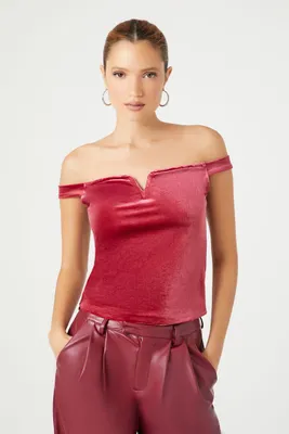 Women's Velvet Off-the-Shoulder Top in Red Small
