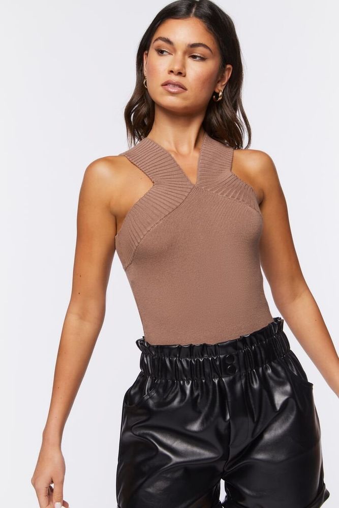 Women's Sweater-Knit Sleeveless Bodysuit in Mocha Large