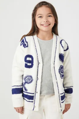 Girls Tennis Cardigan Sweater (Kids) in Cream/Blue, 11/12