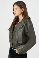 Women's Faux Leather Notched Moto Jacket in Grey Large