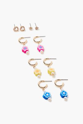 Women's Floral Stud & Drop Earring Set in Blue/Gold