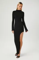 Women's Asymmetrical Turtleneck Maxi Dress in Black Small