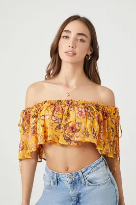 Women's Off-the-Shoulder Floral Flounce Crop Top in Yellow Medium