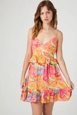 Women's Tropical Ruffle-Trim Mini Dress in Pink, XS