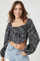 Women's Ornate Print Peasant-Sleeve Crop Top