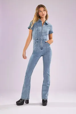 Women's Zip-Up Denim Short-Sleeve Jumpsuit in Light Denim, XL