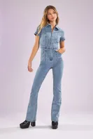 Women's Zip-Up Denim Short-Sleeve Jumpsuit in Light Denim, XL