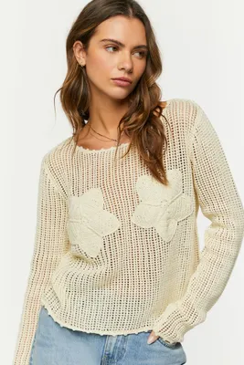 Women's Open-Knit Floral Sweater Cream