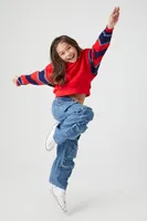 Girls Striped Combo Hoodie (Kids) in Red/Blue, 9/10