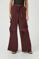 Women's Belted Satin Wide-Leg Cargo Pants in Burgundy, XS