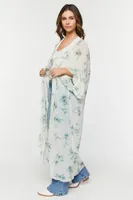 Women's Floral Print Butterfly-Sleeve Kimono in Ivory/Sage Large