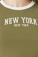 Women's New York Graphic Ringer T-Shirt in Olive/Cream Large