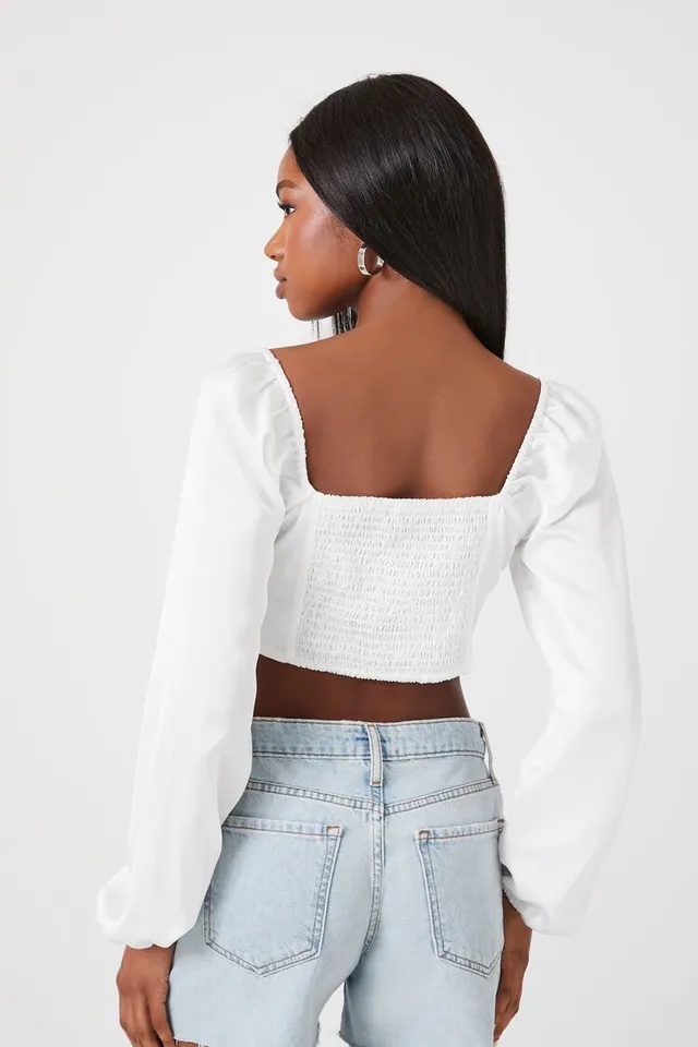 Forever 21 Women's Satin Peasant-Sleeve Crop Top in White Large