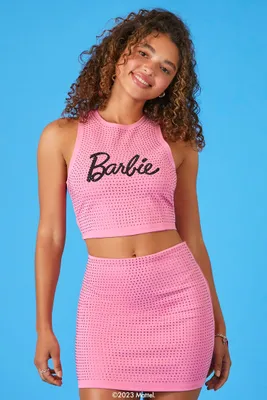 Women's Barbie Crop Top & Mini Skirt Set in Pink/Black, XL