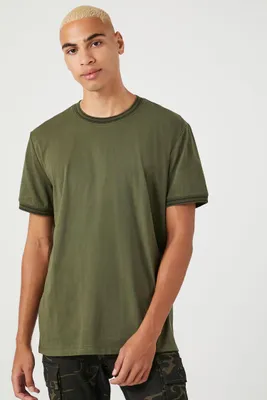 Men Striped-Trim Ringer T-Shirt in Olive/Black Large