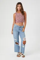 Women's Smocked Floral Print Crop Top in Pink Large