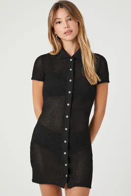 Women's Open-Knit Mini Shirt Dress in Black Small