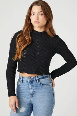 Women's Cropped Open-Knit Sweater in Black Medium