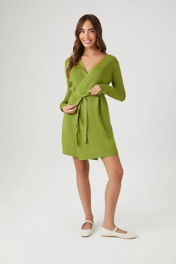 Women's Sweater Mini Wrap Dress in Herbal Green Medium