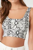 Women's Snake Print Lace-Up Crop Top in White Large