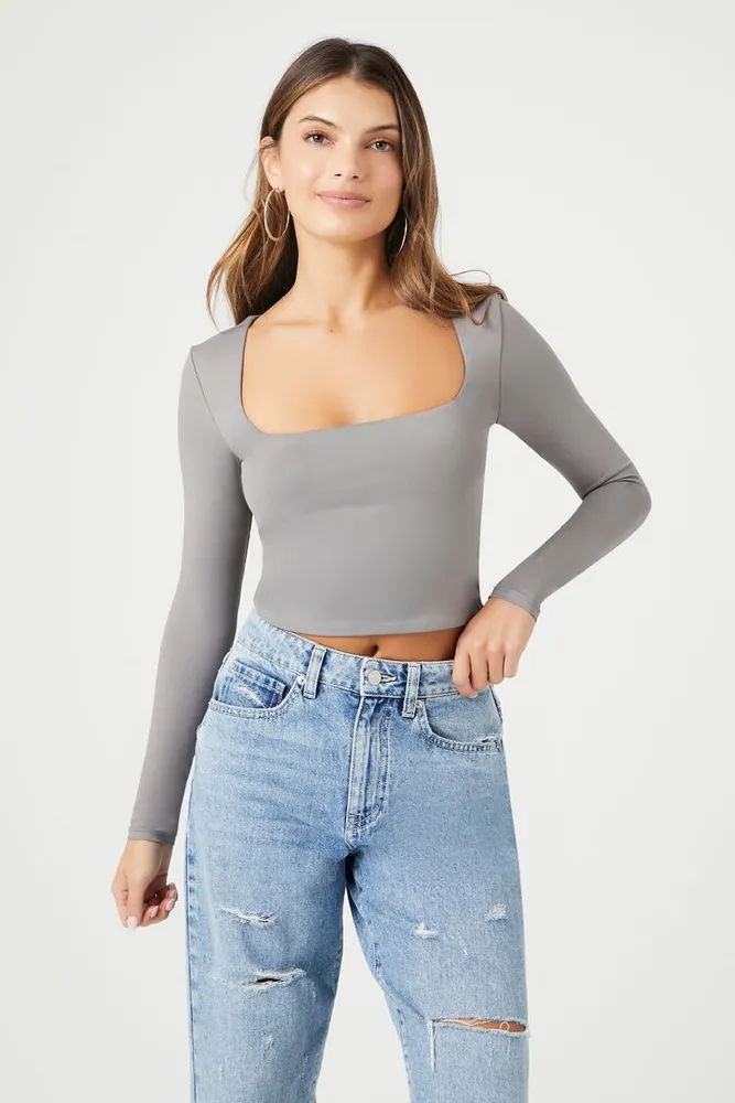 Women's Square-Neck Crop Top in Dark Grey, XL