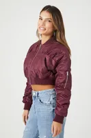 Women's Ruched-Sleeve Cropped Bomber Jacket in Burgundy Medium