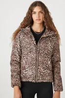 Women's Leopard Print Quilted Puffer Jacket in Brown Large