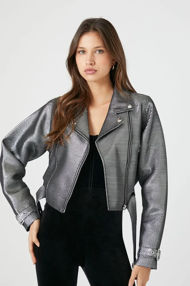 Women's Faux Leather Metallic Moto Jacket in Silver/Black Large