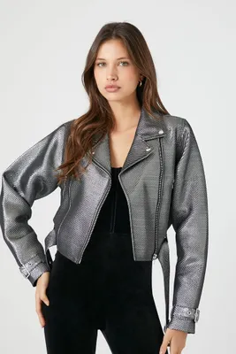 Women's Faux Leather Metallic Moto Jacket in Silver/Black, XL