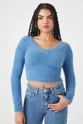 Women's Fuzzy Knit Cropped Sweater in Dusty Blue Large