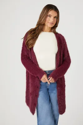 Women's Fuzzy Cardigan Sweater Wine