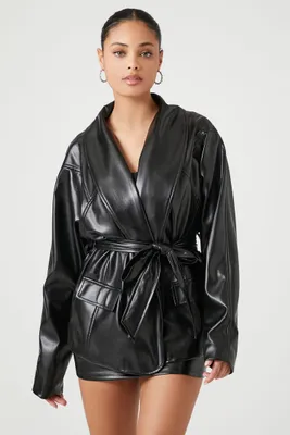 Women's Faux Leather Wrap Jacket in Black Small