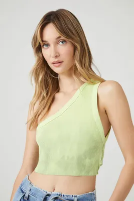 Women's Rib-Knit One-Shoulder Cropped Tank Top in Olive, XS