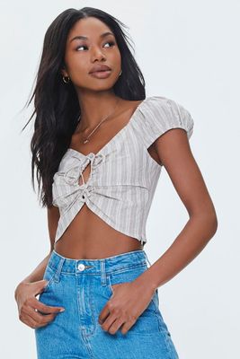 Women's Striped Linen-Blend Cutout Crop Top in Taupe/Cream Small