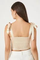 Women's Satin Tie-Strap Crop Top in Winter Wheat Small