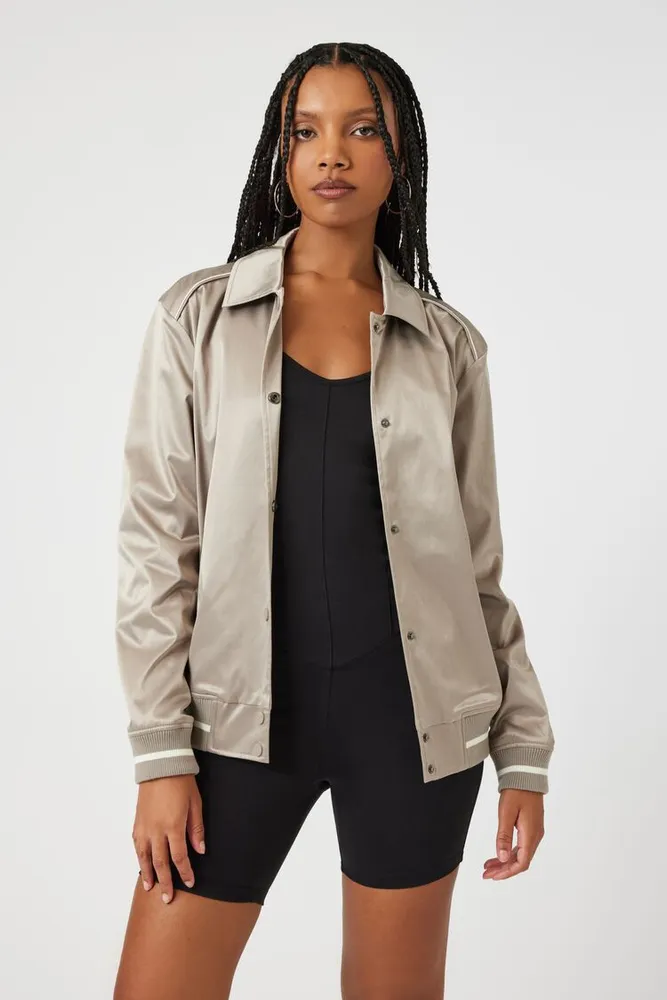 Women's Satin Varsity-Striped Bomber Jacket in Castlerock Small