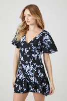 Women's Satin Floral Print Mini Dress in Black Small