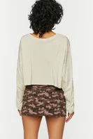 Women's Boxy Long-Sleeve Cropped T-Shirt in Khaki Medium