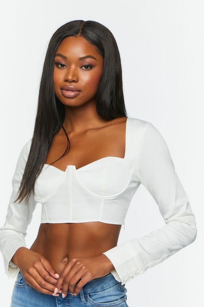 Forever 21 Women's Long-Sleeve Bustier Crop Top in White Large