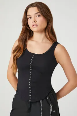 Women's Ribbed Snap-Button Tank Top in Black Small