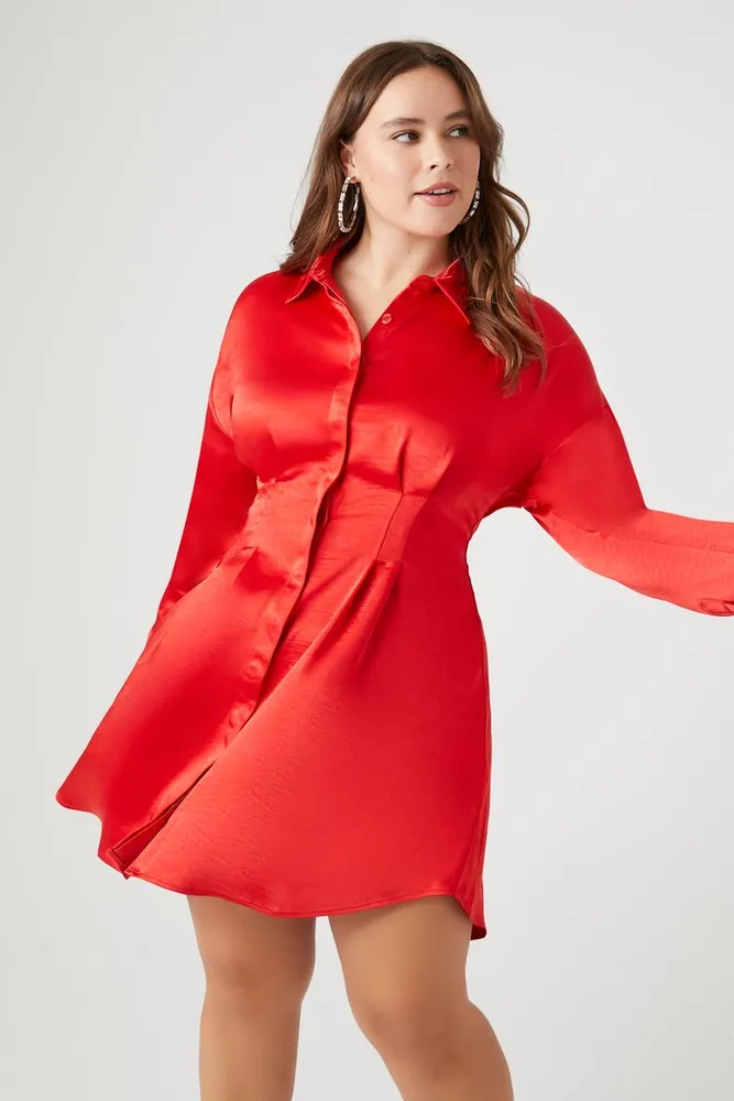 Women's Satin Mini Shirt Dress in Fiery Red, 3X